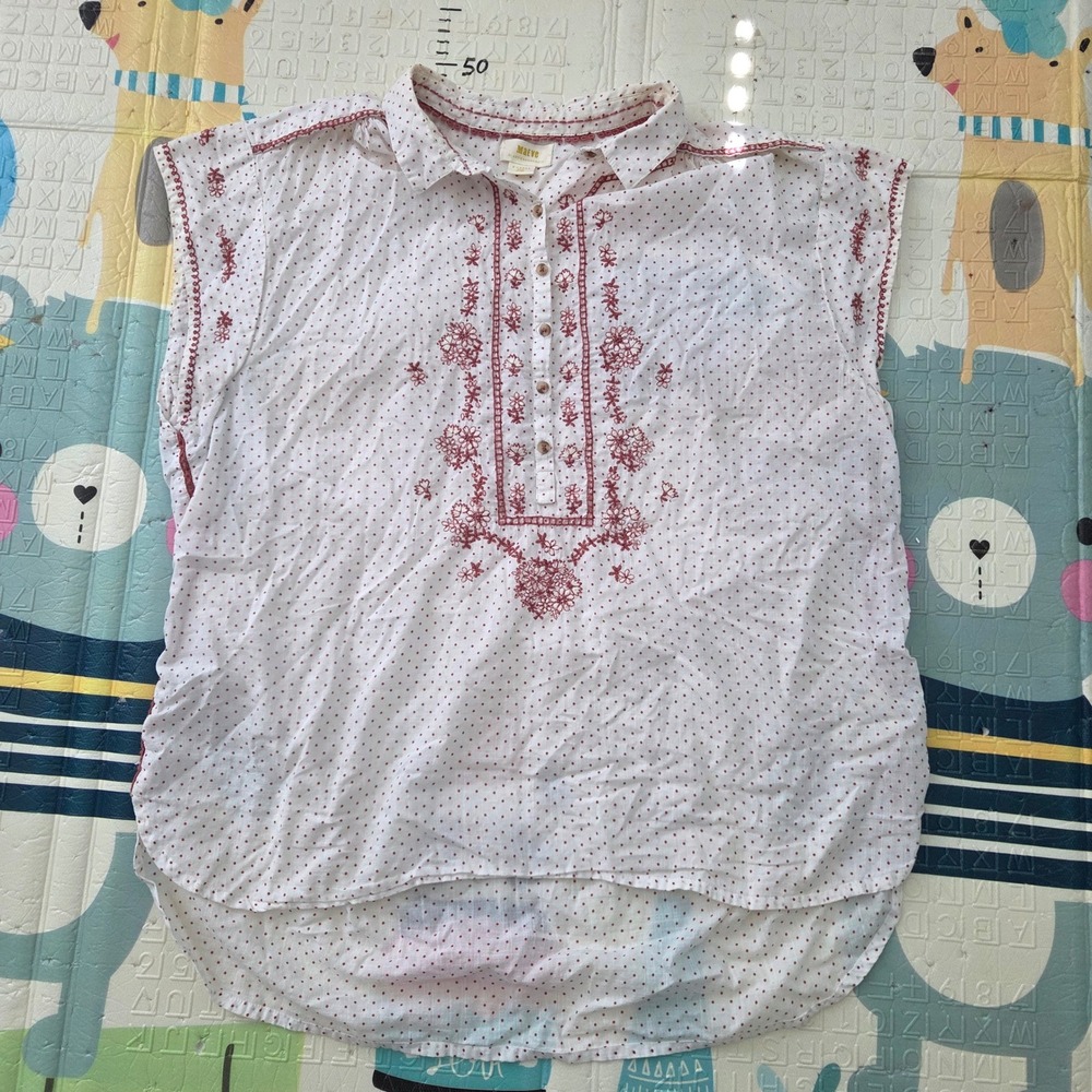 Maeve Anthropologie White Red Polka Dot Embroidered Cotton Top XL Sleeveless